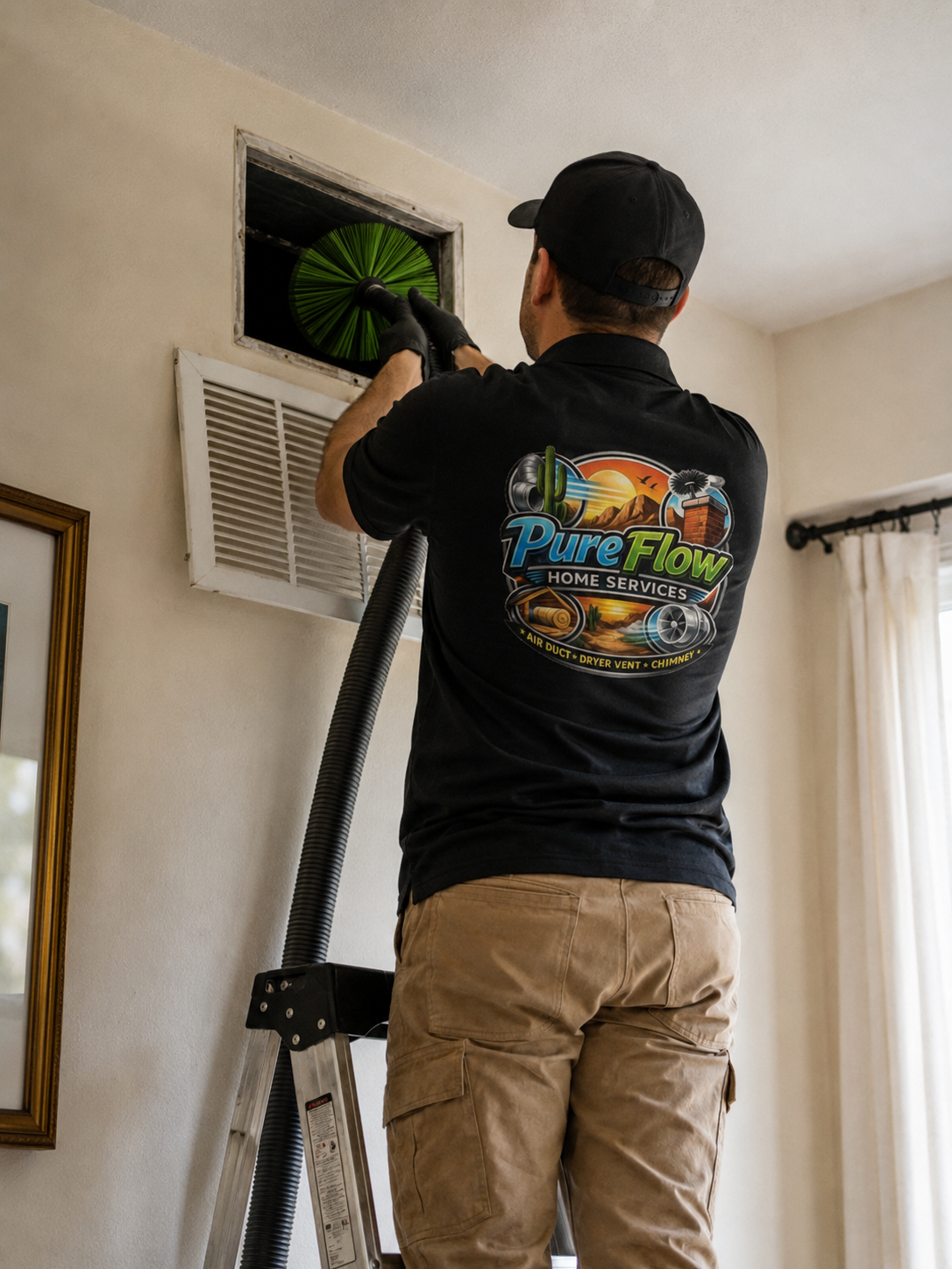 PureFlow technician cleaning an air vent in a Phoenix home